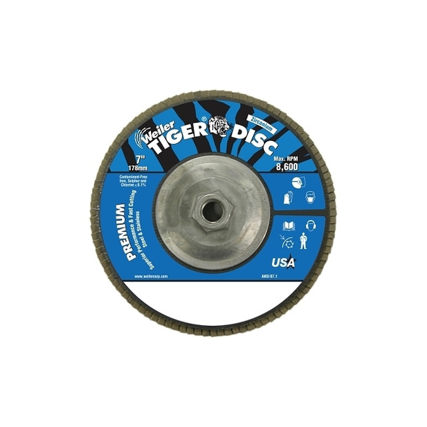 Tiger® Disc Angled Style Flap Disc, 7 in dia, 80 Grit, 5/8 in-11, 8600 rpm, Type 29
