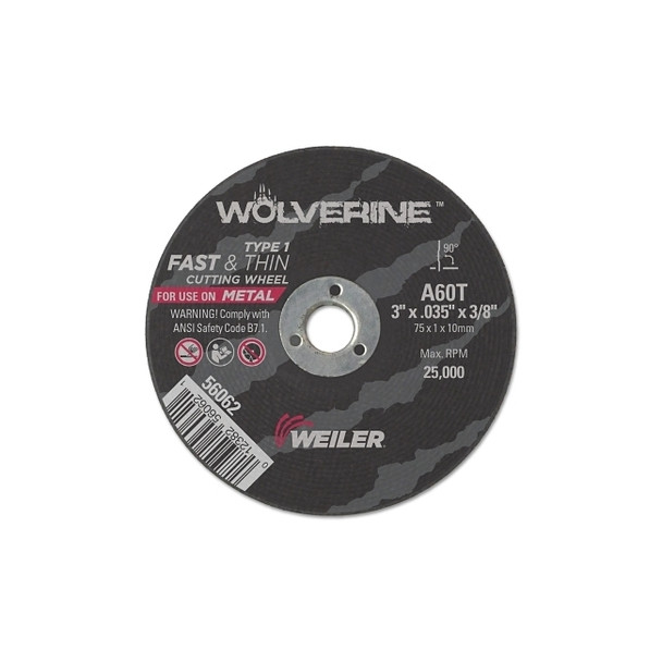 Wolverine® Cut-Off Wheel, Type 1, AO, 3 in dia x 3/8 in Arbor x 1/16 in Thick, 36T, 25 EA/BX