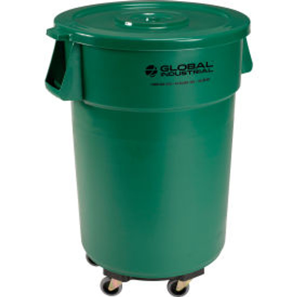 Global Industrial Plastic Trash Can with Lid & Dolly - 44 Gallon Green