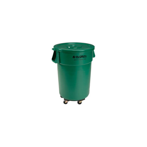 Global Industrial Plastic Trash Can with Lid & Dolly - 44 Gallon Green