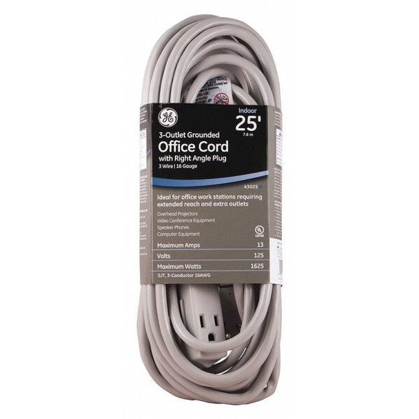 Ge Extension Cord, 16 AWG, Indoor, 16/3, 3 Outlets, Gray, 25 ft 43025