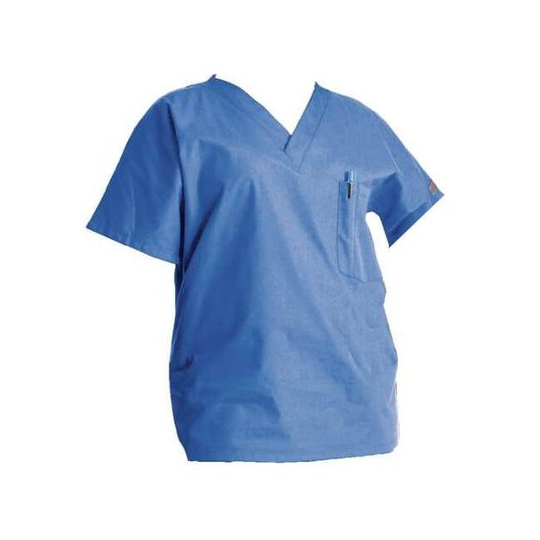 Scrub Shirt, Cotton/Polyester, Short Sleeve, 3 Pockets, V-Neck, Blue, Size M
