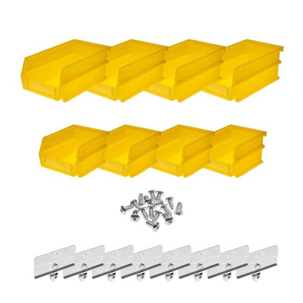 Hanging Bins and Bin Clip Kit, Polypropylene, Yellow, (4) Small and (4) Large