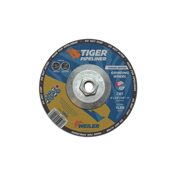 Tiger® Pipeliner Grinding Wheel, 6 in dia X 1/8 in Thick x 5/8 in-11 Hub, Z30T, Type 27
