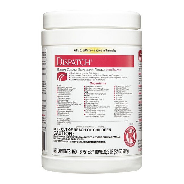 Dispatch Disinfecting Wipes, 7 x 8", 150 Wipes, PK8 69150