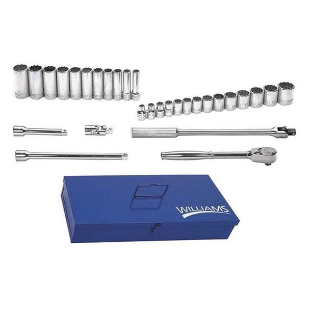 Williams Socket and Tool Set,1/2" D,12Pt,30pcs., JHWWSS-30F JHWWSS-30F