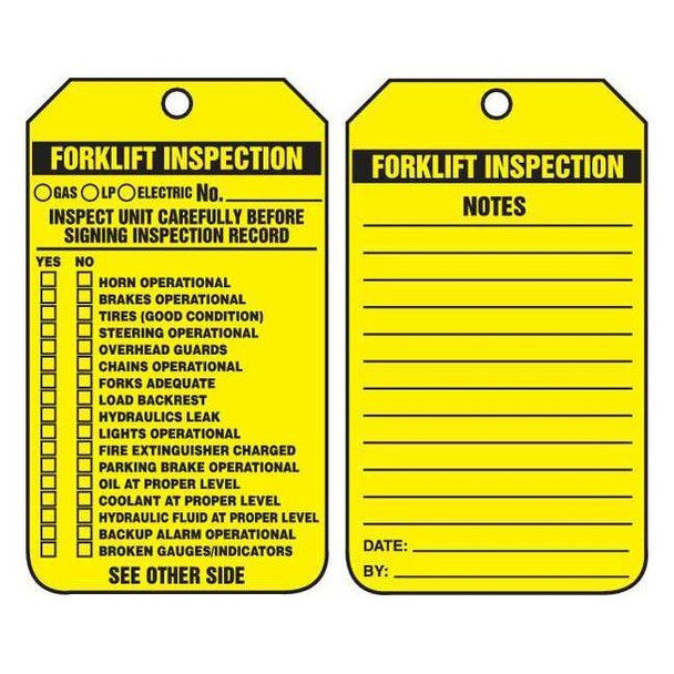 Tag, Forklift, Plastic, 5 3/4 in H x 3 1/4 in W, Rectangle, 25 PK