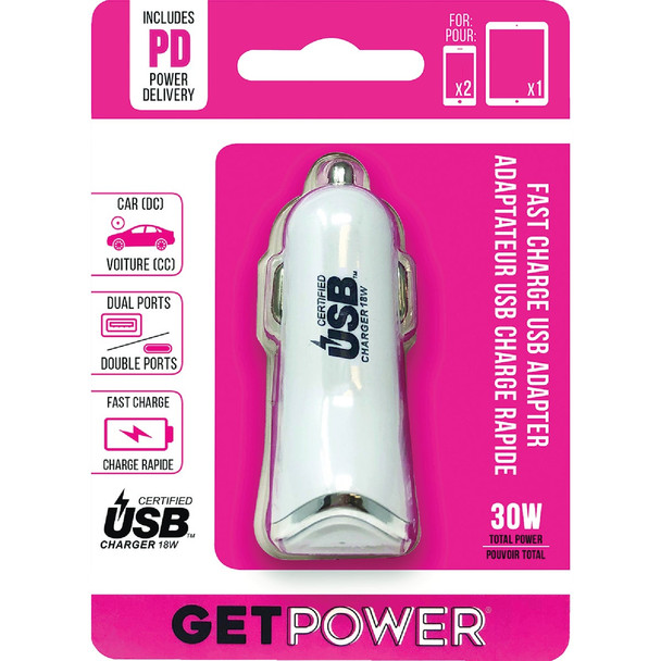 GetPower 30W Dual USB DC Adapter, White GP-DC2USB-PD