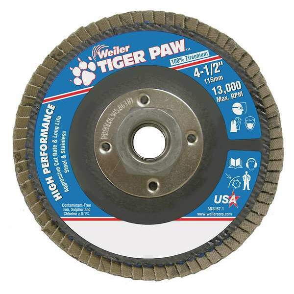 Weiler Flap Disc,Type 27,4-1/2in. dia., 36 Grit 98810