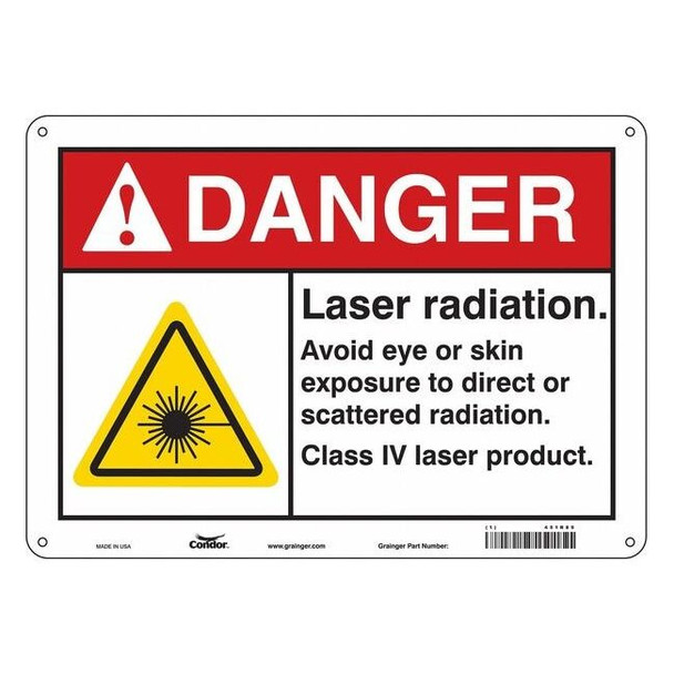 Laser Warning Sign, 10 in H, 14 in W, Polyethylene, Horizontal Rectangle,451R89