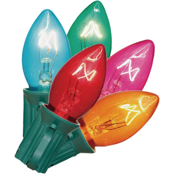 Transparent Multi 25-Bulb C7 Incandescent String Light Set with Green Wire