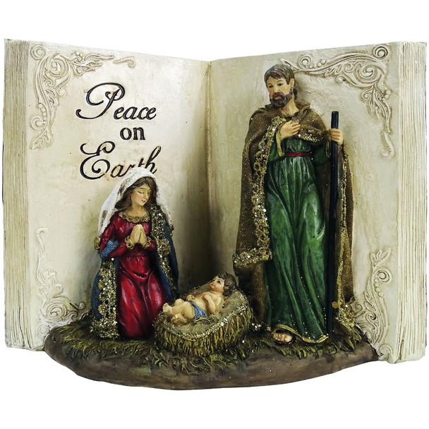 Alpine 7 In. Polystone Peace on Earth Nativity Scene Book Statue DUZ136