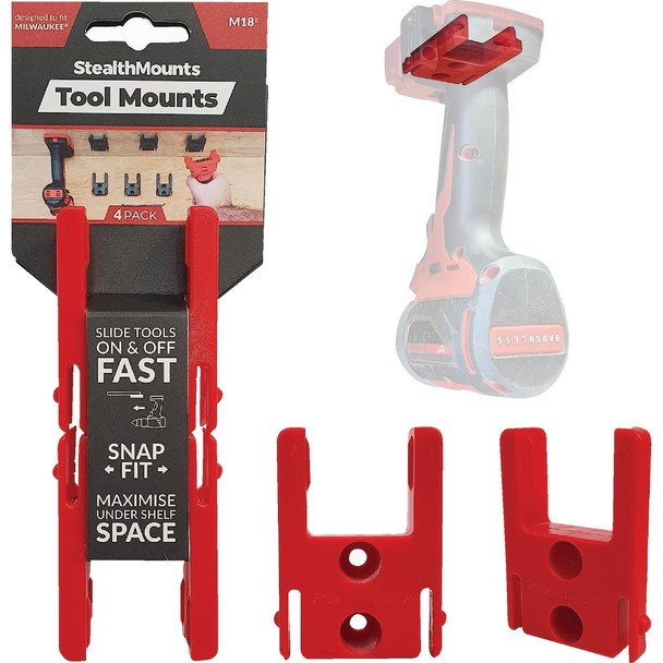 StealthMounts Tool Mounts for Milwaukee M18 (4-Pack) TM-MW18-RED-4
