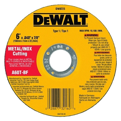 High Performance™ Cutting Wheel, Type 1, 6 in dia x 0.040 in Thick x 7/8 in Arbor, 60 Grit, Aluminum Oxide Pack of 25
