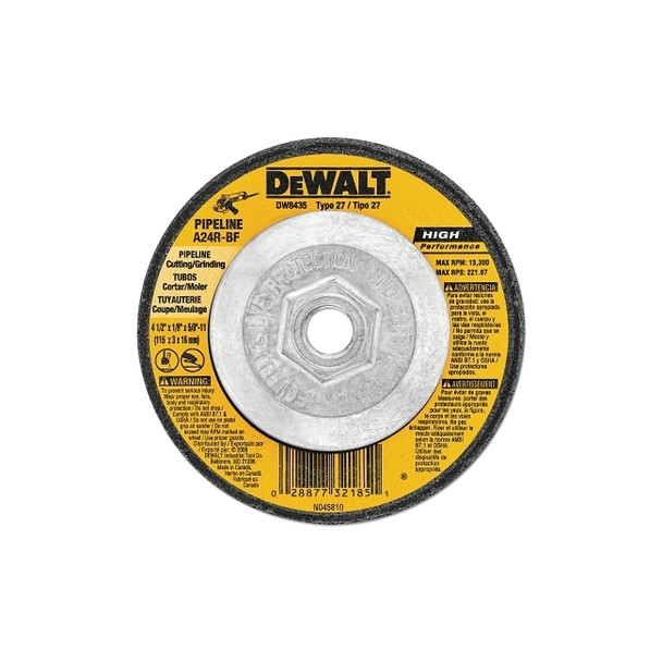 Type 27 Grinding Wheel, 4-1/2 in dia, 5/8 in-11 TPI, 13300 RPM, 24 Grit Pack of 10