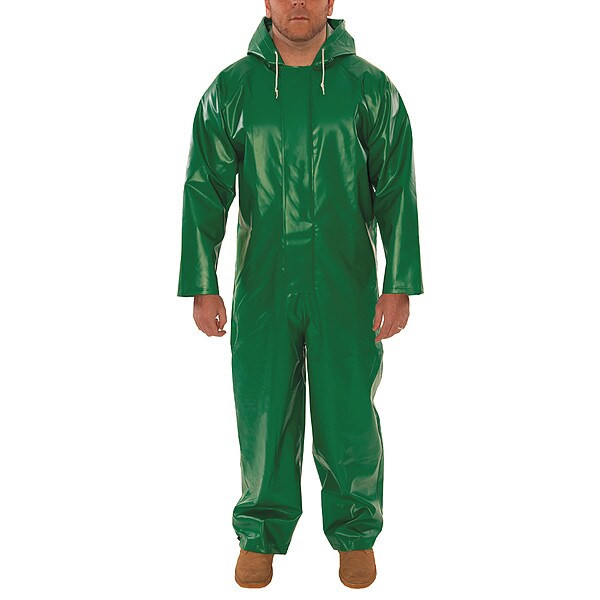 Flame Resistant Coverall Rain Suit, PVC, 17 mil Thick, Attached Hood, Green, 5XL