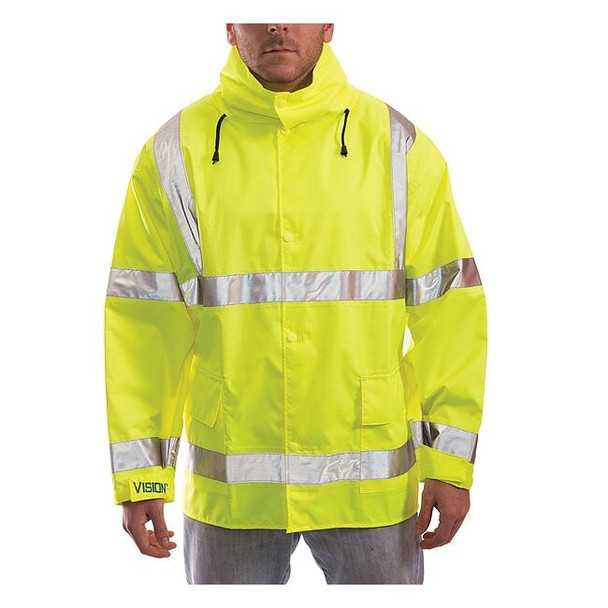 High Visibility Rain Jacket with Hood, Polyester, Class 3 R, Green/Yellow, M