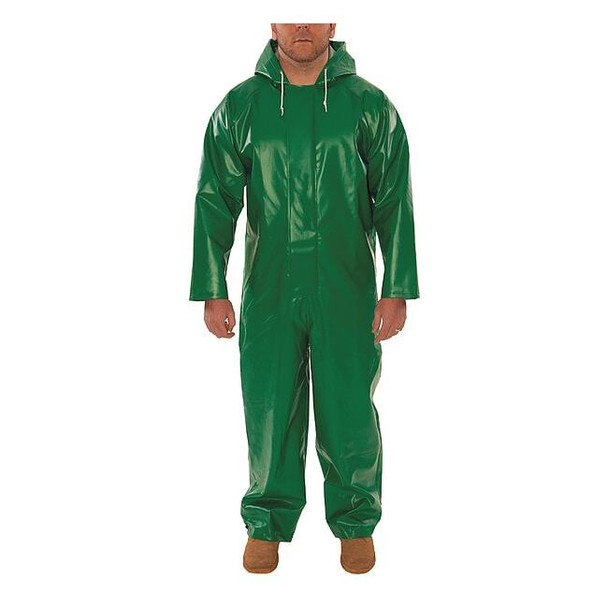Flame Resistant Coverall Rain Suit, PVC, 17 mil Thick, Attached Hood, Green, L