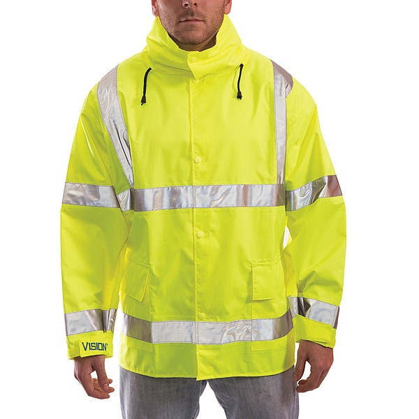 High Visibility Rain Jacket with Hood, Polyester, Class 3 R, Green/Yellow, L