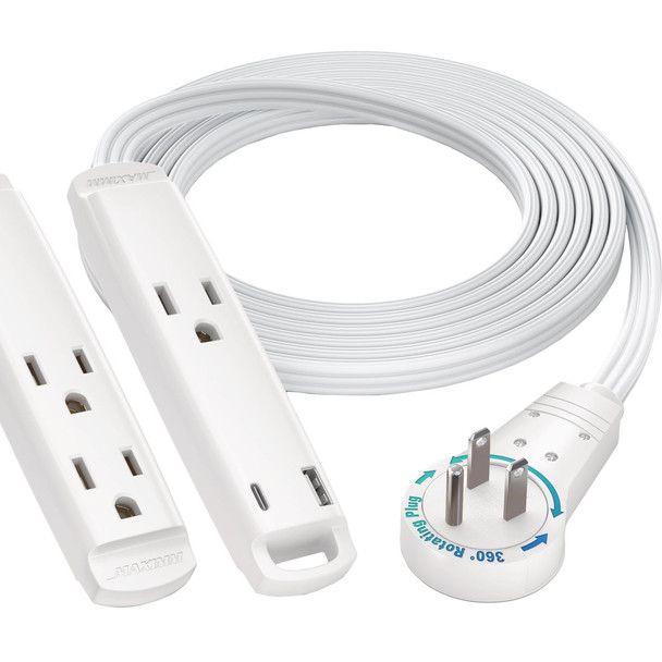 Maximm 6 Ft. 16/3 White 3-Outlet 360 Deg. Rotating Plug & USB-C Extension Cord
