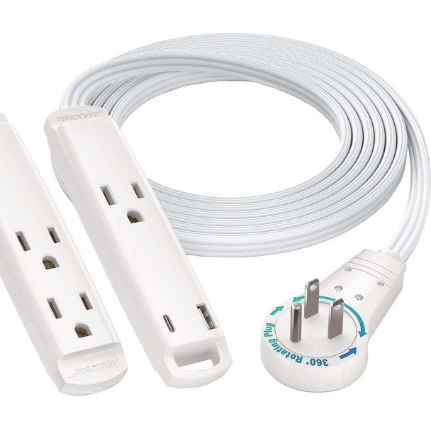 Maximm 6 Ft. 16/3 White 3-Outlet 360 Deg. Rotating Plug & USB-C Extension Cord