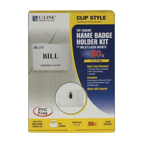 C-Line Products 3" x 4" Clip Style Name Badge Holder Kit, 50/BX 95543