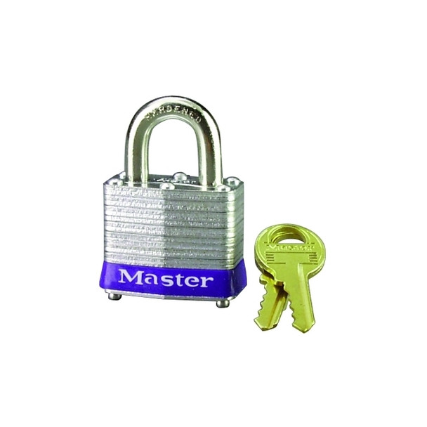 No. 3 Laminated Steel Padlock, 9/32 in dia, 5/8 in W x 3/4 in H Shackle, Silver/Blue, Keyed Different, Varies Pack of 4