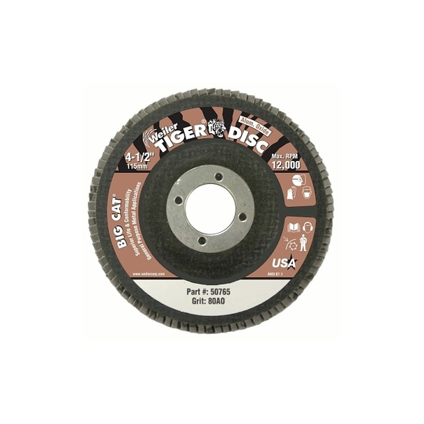Tiger® Big Cat® High Density Flap Disc, 4-1/2 in dia, 80 Grit, 7/8 in Arbor, 12,000 RPM, Type 27