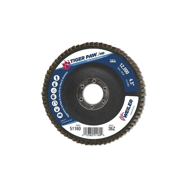 Tiger Paw™ Super High Density Flap Disc, 4-1/2 in dia, 36 Grit, 7/8 in Arbor, 12000 RPM, Type 27 Flat