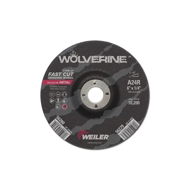 Wolverine® Thin Cutting Wheel, 6 in Dia, 1/4 Thick, 7/8 Arbor, 24 Grit Pack of 10