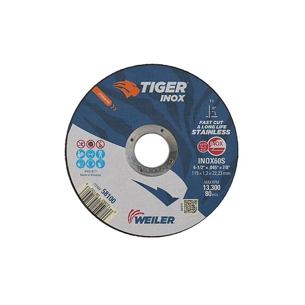 Tiger™ Inox Thin Cutting Wheel, 4-1/2 in Diameter, .045 in Thick, 7/8 in Arbor Pack of 25