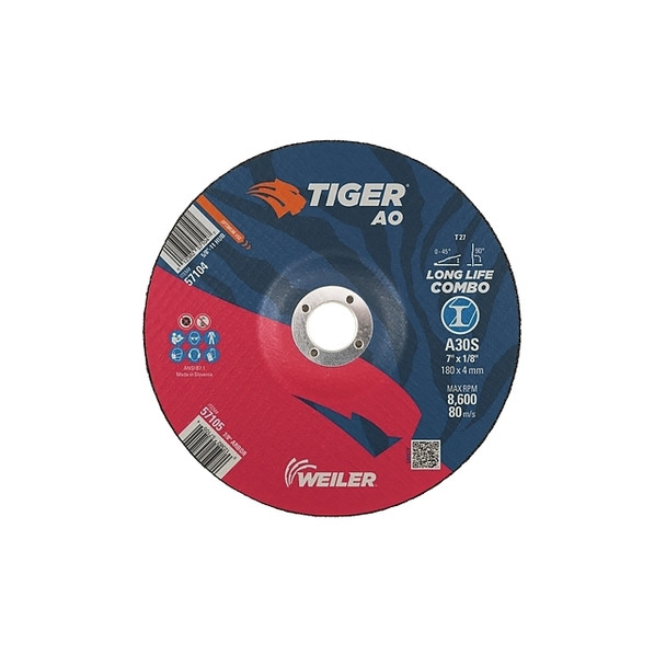 Tiger® AO Type 27 Cut/Grind Combo Wheel, 7 in dia x 1/8 in Thick, 5/8 in-11 dia Arbor, A30S Pack of 10