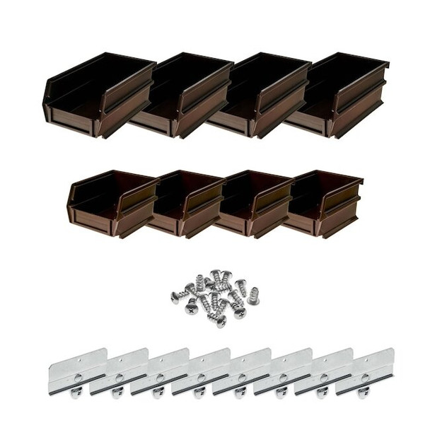 Hanging Bins and Bin Clip Kit, Polypropylene, Brown, (4) Small and (4) Large