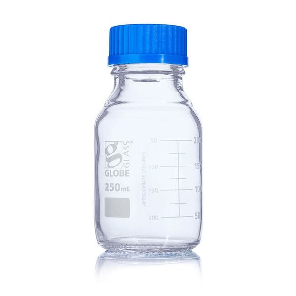 Bottle, Media, Globe Glass, 250mL, GL45 Screw Cap, Dual Graduations, 10/Box