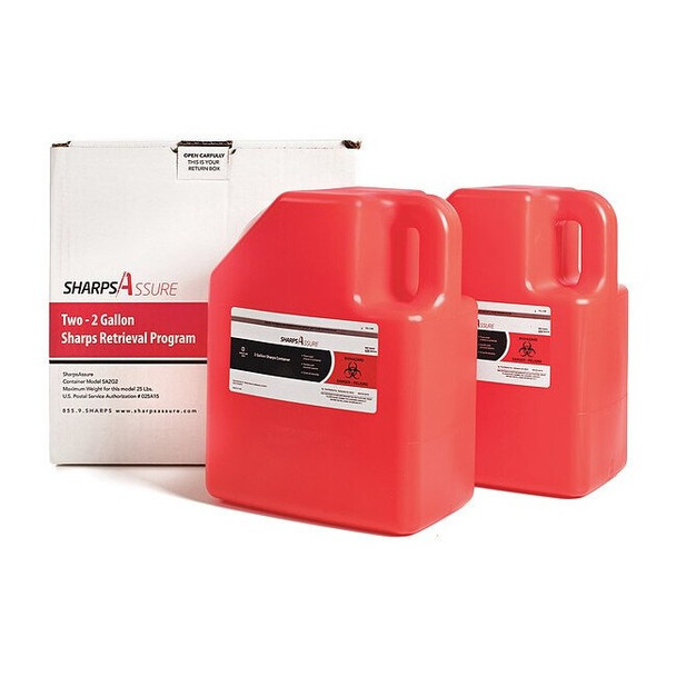 Sharps Container, 2 gal, Red, Snap Lid, 11 in W x 5 in D x 9 in H, (2 PK)