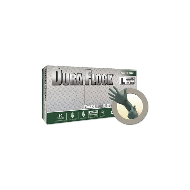 Dura Flock® DFK-608 Disposable Nitrile Gloves, 8.3 in Palm, 7.9 Fingers, Flocked Liner, Medium, Dark Green