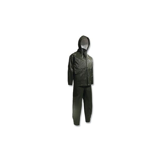 Webtex 3-Pc Rain Suit with Hooded Jacket/Bib Overalls, 0.65 mm Thick, Heavy-Duty Ribbed PVC, Olive Green, 2X-Large
