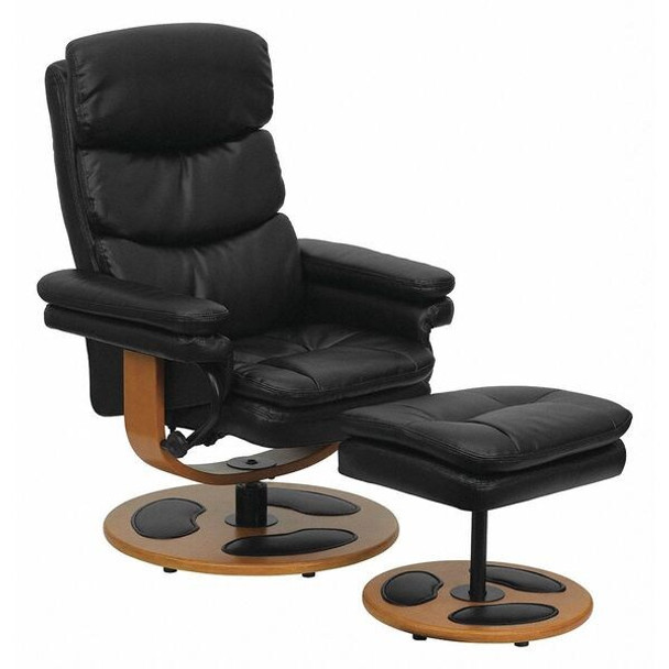 Black LeatherSoft Recliner & Ottoman w/ Wood Base