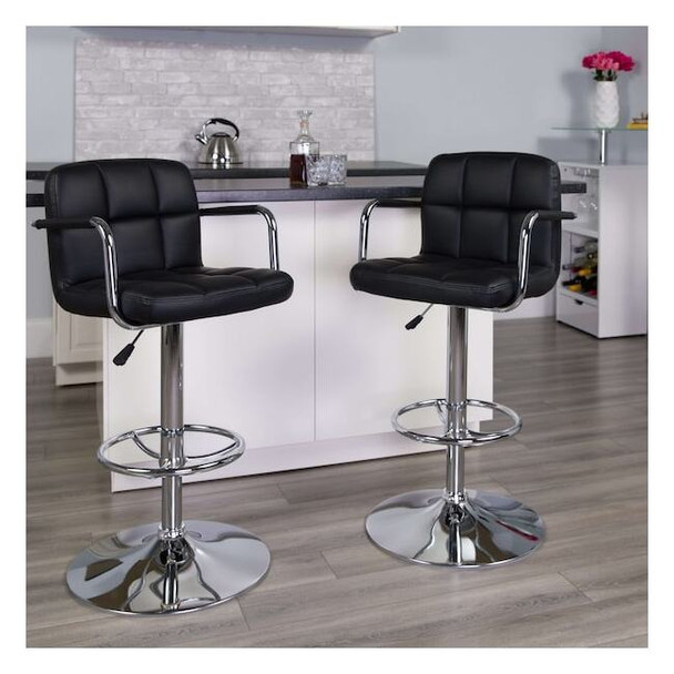 Black Quilted Vinyl Adjustable Height Barstool,Arms,Chrome Base,PK2