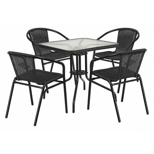 Flash Furniture Black Table Set w/4 Rattan,Square,28" TLH-073SQ-037BK4-GG