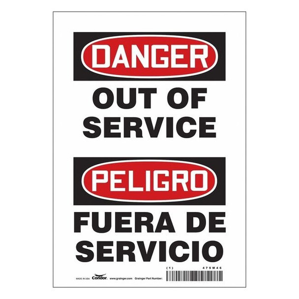 Danger, OUT OF SERVICE, 7 in W x 10 in H, Horizontal Rectangle, Vinyl, 479M46