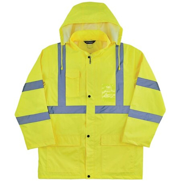 Hi-Vis Rain Jacket, Polyurethane, 150D Oxford Polyester, Class 3 Type R, Lime, M