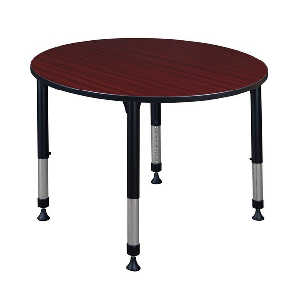 Round Classroom Tables, 48 W, 48 L, 23-34 H, Wood, Metal, Mahogany