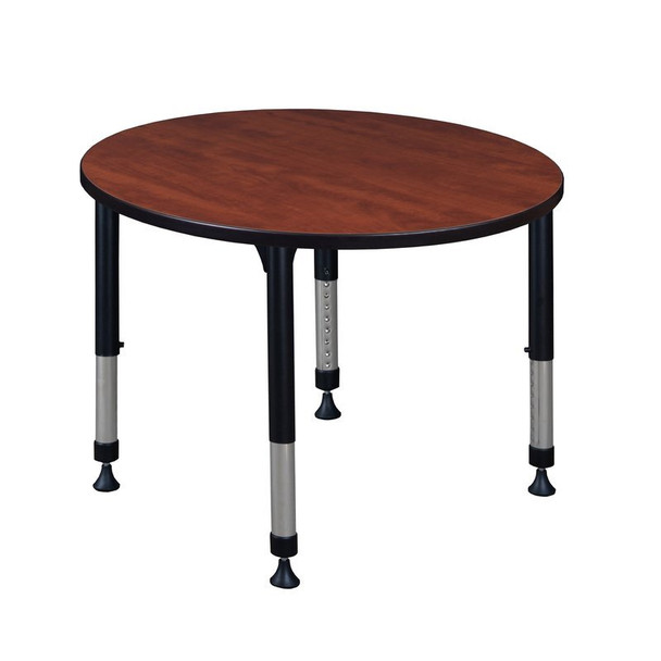 Round Classroom Tables, 42 W, 42 L, 23-34 H, Wood, Metal, Cherry