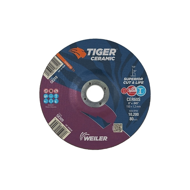Tiger Ceramic Cutting Wheels, 6 in Dia, 0.045 in Thick, 7/8 in Arbor, 24/bx