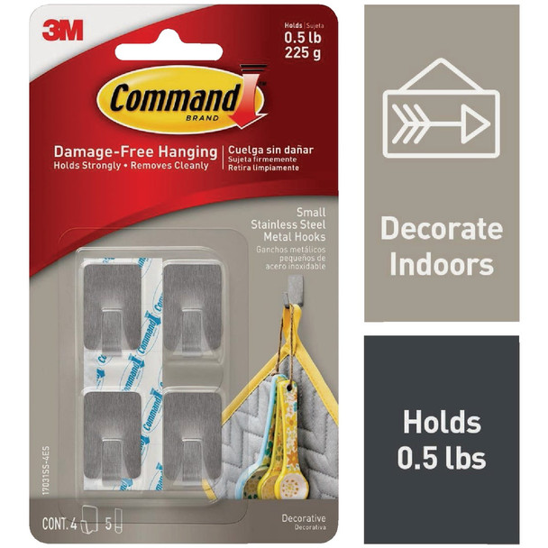 Command Small Stainless Steel Metal Hooks, 4 Hooks, 5 Strips 17031SS-4ES