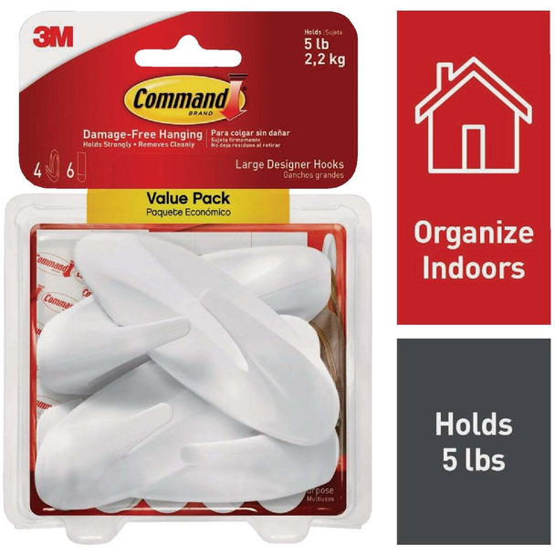 Command Large Designer Hook Value Pack, White, 4 Hooks, 8 Strips 17083-4ES