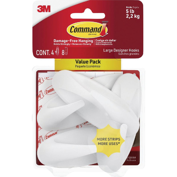 Command Large Designer Hook Value Pack, White, 4 Hooks, 8 Strips 17083-4ES