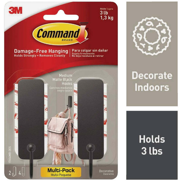 Command Medium Matte Black Decorative Hook, 2 Hooks, 4 Strips 17034MB-2ES