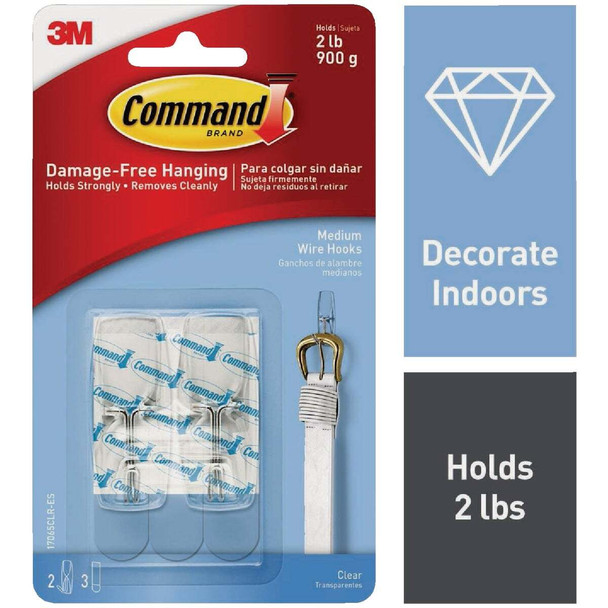 Command Medium Wire Hook, Clear, 2 Hooks, 3 Strips 17065CLR-ES